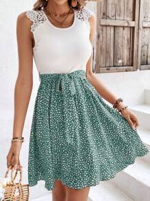 SHEIN Frenchy Đầm Thắt lưng Tương phản ren Họa tiết hoa Boho - màu xanh lá - Xem 4