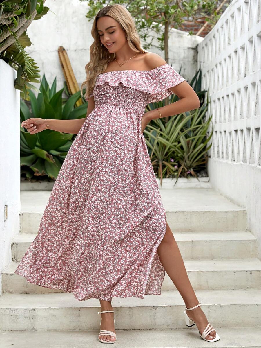 SHEIN Maternity Ditsy Floral Off Shoulder Ruffle Trim Split Thigh Dress - Pink - View 1