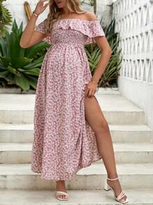 SHEIN Maternity Ditsy Floral Off Shoulder Ruffle Trim Split Thigh Dress - Pink - View 3