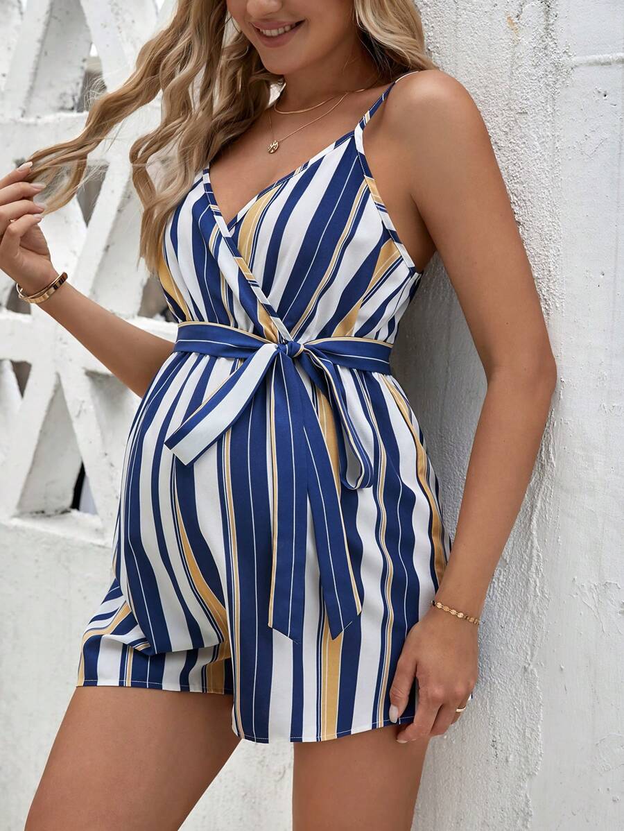 SHEIN 孕婦條紋印花腰帶吊帶連體短褲 - 藍色 - 查看 1