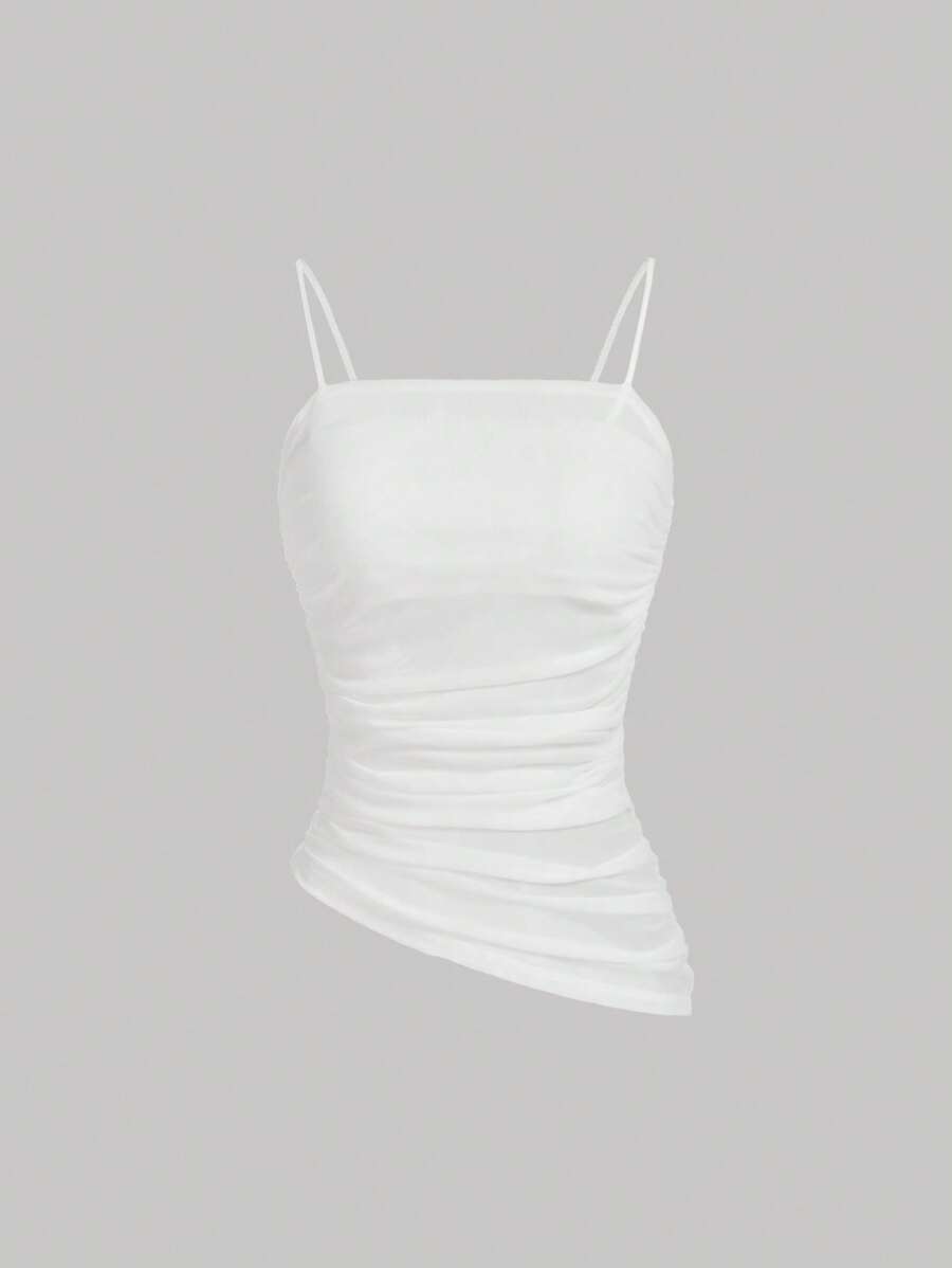 SHEIN MOD Top de tirantes unicolor fruncido bajo asimétrico