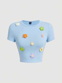 SHEIN MOD Camiseta floral con parche de cuello redondo - Celeste - Ver 1