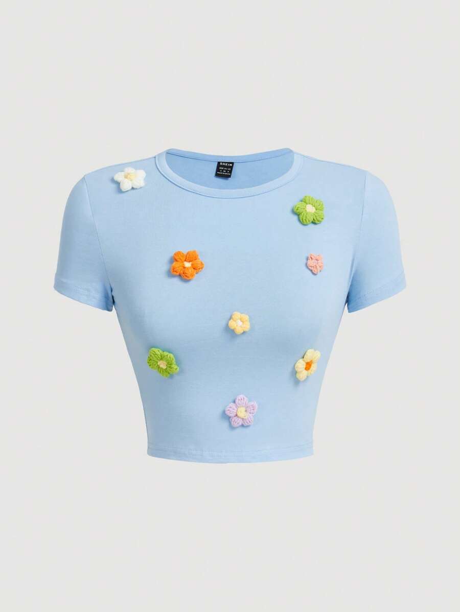 SHEIN MOD Camiseta floral con parche de cuello redondo - Celeste - Ver 1