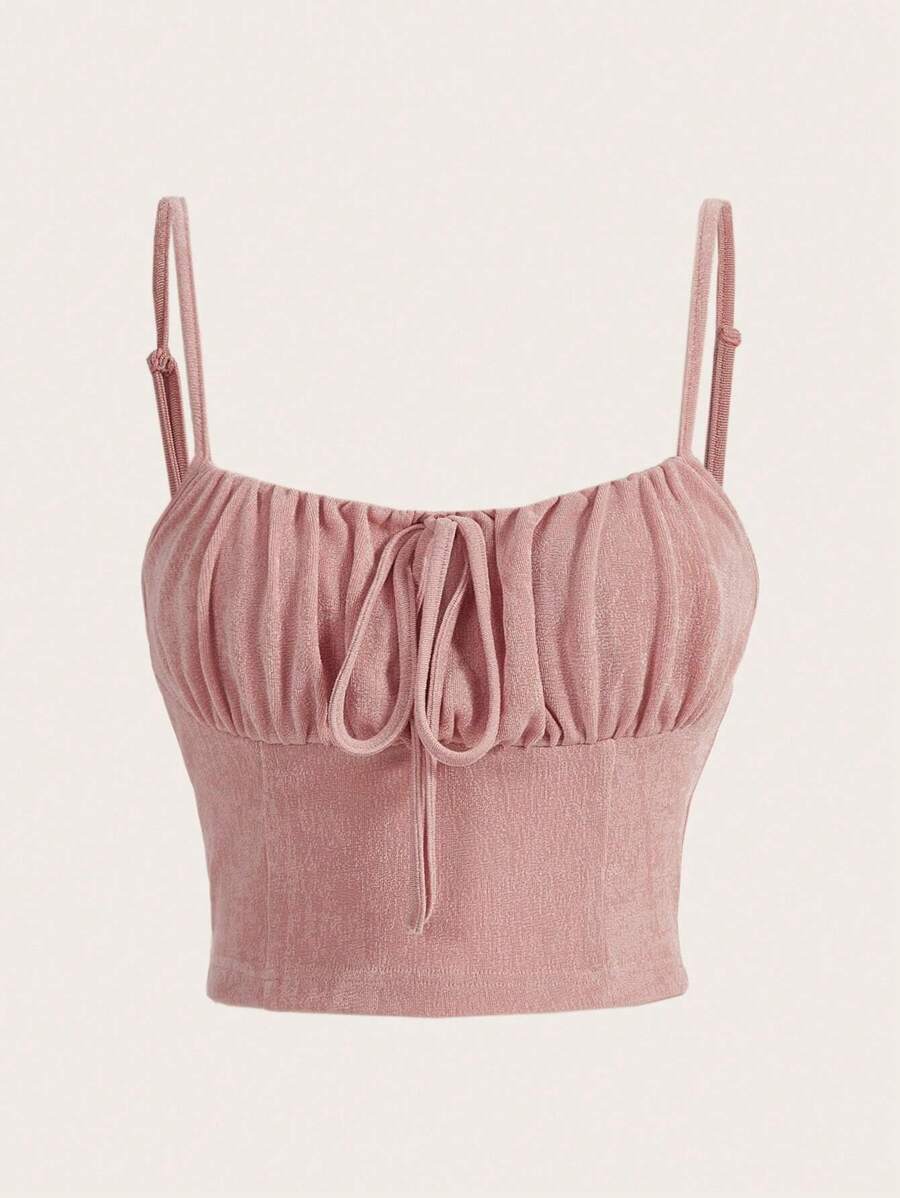 SHEIN MOD Áo khoác và áo lót dành cho xe tăng nữ Thắt nơ trước Nếp gấp Phần Ngực màu trơn Giải trí - Bụi hồng - Xem 1