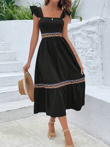 SHEIN VCAY Vestido en contraste geométrico cinta ribete con fruncido - Negro - Ver 3