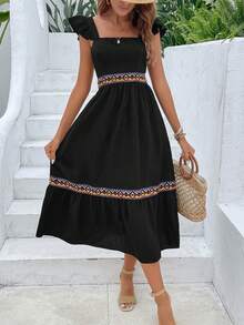 SHEIN VCAY Vestido en contraste geométrico cinta ribete con fruncido - Negro - Ver 4