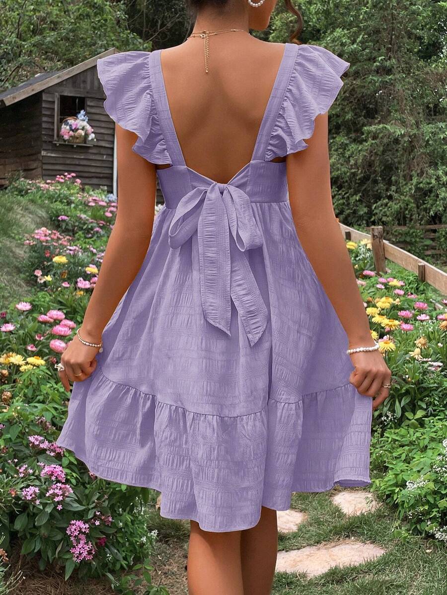 SHEIN Maternity Tie Backless Ruffle Trim Dress - Lilac Purple - View 1
