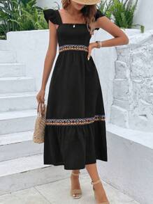 SHEIN VCAY Vestido en contraste geométrico cinta ribete con fruncido - Negro - Ver 1