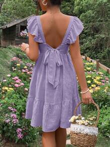 SHEIN Maternity Tie Backless Ruffle Trim Dress - Lilac Purple - View 4