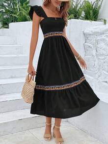 SHEIN VCAY Vestido en contraste geométrico cinta ribete con fruncido - Negro - Ver 6