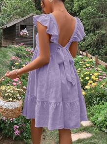 SHEIN Maternity Tie Backless Ruffle Trim Dress - Lilac Purple - View 7