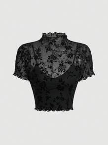 SHEIN MOD Plus Size Velvet Mesh Stand Collar T-Shirt, For Winter - Black - View 1