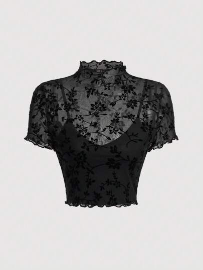 SHEIN MOD Plus Size Velvet Mesh Stand Collar T-Shirt, For Winter