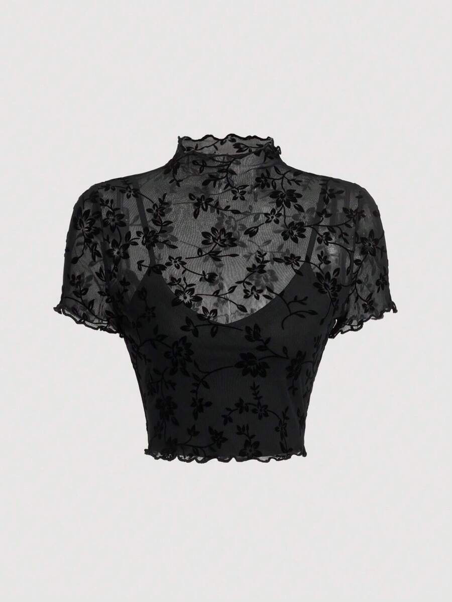 SHEIN MOD Plus Size Velvet Mesh Stand Collar T-Shirt, For Winter - Black - View 1