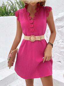 SHEIN VCAY Guipure Lace Panel Dress - Hot Pink - View 3