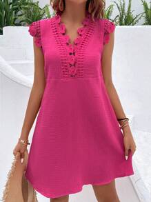 SHEIN VCAY Guipure Lace Panel Dress - Hot Pink - View 4