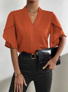 SHEIN Clasi 素色花瓣袖V領襯衫 - 亮橙色 - 查看 1
