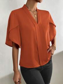 SHEIN Clasi 素色花瓣袖V領襯衫 - 亮橙色 - 查看 4