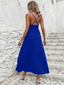Breezaya Solid Criss Cross Tie Backless Cami Dress Maxi Vacation Beach Outfits Women - Royal Blue - View 2