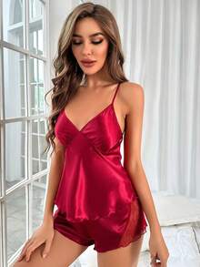 Conjunto de pijama con encaje en contraste - Burdeos - Ver 3