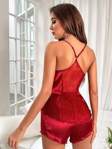 Conjunto de pijama con encaje en contraste - Burdeos - Ver 4