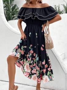 Breezaya Vestido estampado floral con hombros descubiertos, adornos de volantes, largo hasta los tobillos, atuendo de vacaciones y playa para mujeres - Multicolor - Ver 3