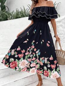 Breezaya Vestido estampado floral con hombros descubiertos, adornos de volantes, largo hasta los tobillos, atuendo de vacaciones y playa para mujeres - Multicolor - Ver 4