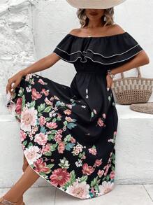 Breezaya Vestido estampado floral con hombros descubiertos, adornos de volantes, largo hasta los tobillos, atuendo de vacaciones y playa para mujeres - Multicolor - Ver 5