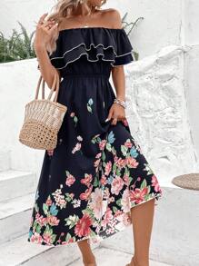 Breezaya Vestido estampado floral con hombros descubiertos, adornos de volantes, largo hasta los tobillos, atuendo de vacaciones y playa para mujeres - Multicolor - Ver 6
