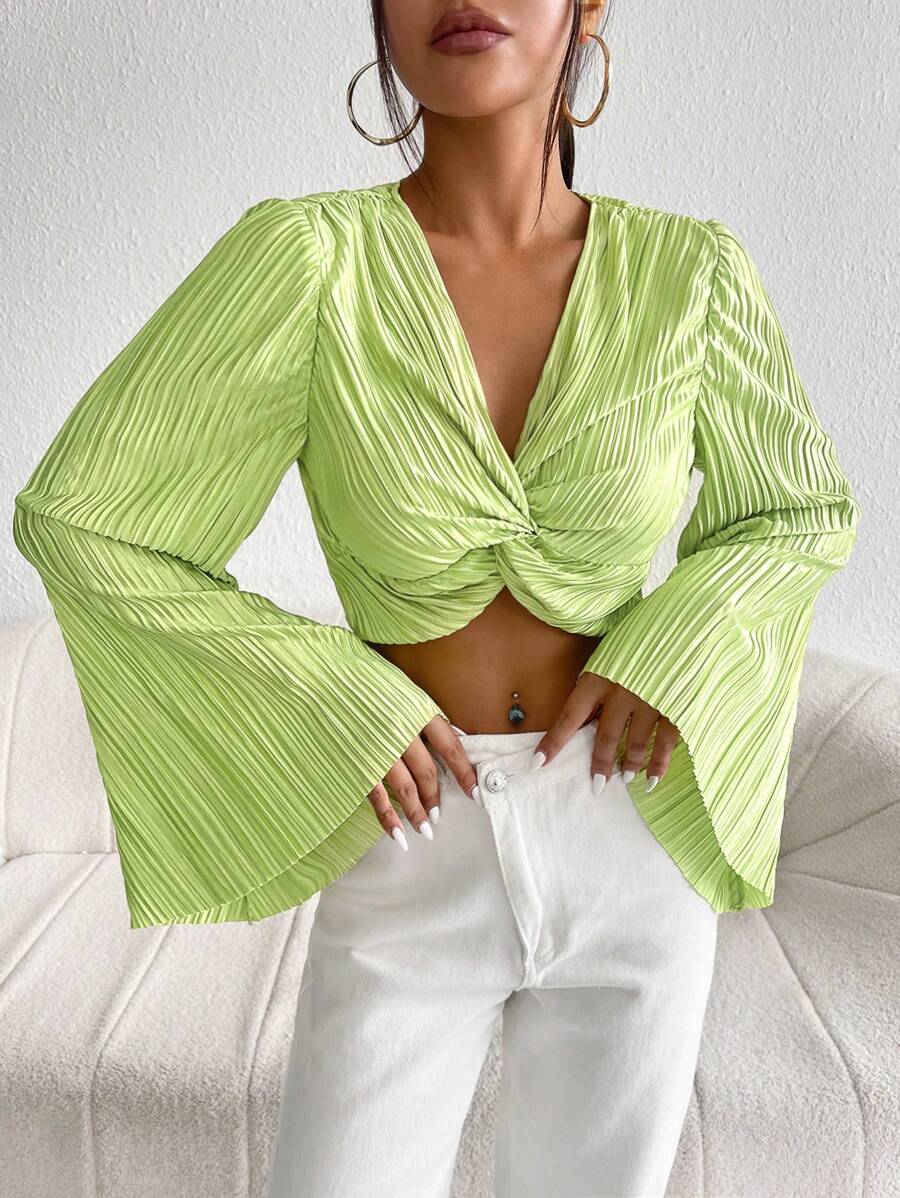 SHEIN Privé Áo nữ Xếp li xoắn lại màu trơn Giải trí - Màu xanh chanh - Xem 1