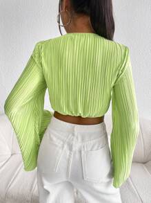 SHEIN Privé Áo nữ Xếp li xoắn lại màu trơn Giải trí - Màu xanh chanh - Xem 2