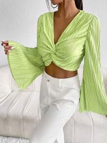 SHEIN Privé Áo nữ Xếp li xoắn lại màu trơn Giải trí - Màu xanh chanh - Xem 3