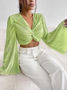SHEIN Privé Áo nữ Xếp li xoắn lại màu trơn Giải trí - Màu xanh chanh - Xem 4