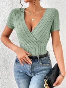 SHEIN Essnce Áo thun nữ Trọn gói Gân đan màu trơn Giải trí - Màu xanh Bạc hà - Xem 1