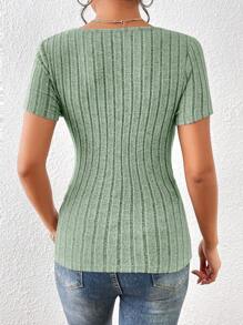 SHEIN Essnce Áo thun nữ Trọn gói Gân đan màu trơn Giải trí - Màu xanh Bạc hà - Xem 2