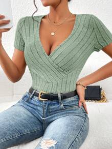 SHEIN Essnce Áo thun nữ Trọn gói Gân đan màu trơn Giải trí - Màu xanh Bạc hà - Xem 3