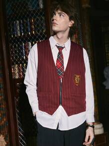 ROMWE MEN Harry Potter | ROMWE Guys Badge Striped Print Zip Up Vest Jacket - Burgundy - View 1