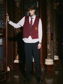 ROMWE MEN Harry Potter | ROMWE Guys Badge Striped Print Zip Up Vest Jacket - Burgundy - View 3