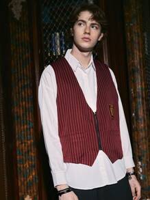 ROMWE MEN Harry Potter | ROMWE Guys Badge Striped Print Zip Up Vest Jacket - Burgundy - View 4