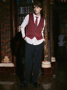 ROMWE MEN Harry Potter | ROMWE Guys Badge Striped Print Zip Up Vest Jacket - Burgundy - View 5