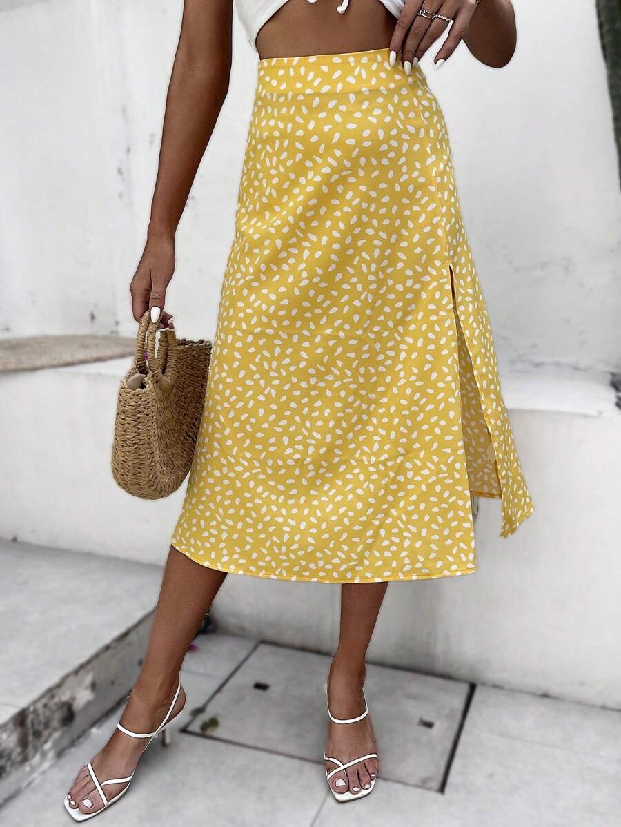 SHEIN VCAY 滿版印花高衩半身裙 - 黃色 - 查看 1