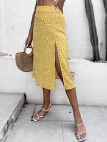 SHEIN VCAY 滿版印花高衩半身裙 - 黃色 - 查看 4
