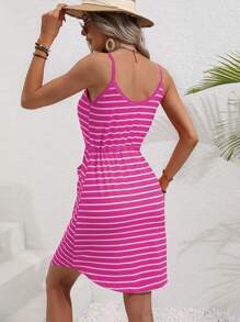 SHEIN LUNE Vestido de tirantes con estampado de rayas con botón con cinturón - Rosa Fucsia - Ver 2