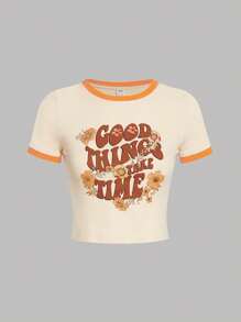 SHEIN Teen Girls' Knitted Color Block Letter & Floral Printed Short Sleeve Casual T-Shirt - Apricot - View 1