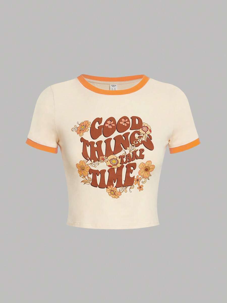 SHEIN Teen Girls' Knitted Color Block Letter & Floral Printed Short Sleeve Casual T-Shirt - Apricot - View 1