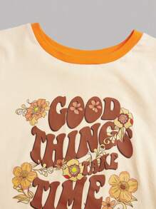 SHEIN Teen Girls' Knitted Color Block Letter & Floral Printed Short Sleeve Casual T-Shirt - Apricot - View 3