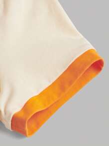 SHEIN Teen Girls' Knitted Color Block Letter & Floral Printed Short Sleeve Casual T-Shirt - Apricot - View 4