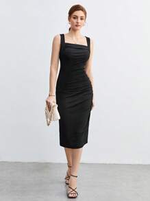 BizChic Vestido unicolor fruncido lateral - Negro - Ver 2