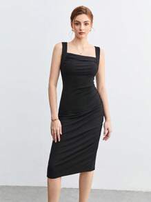 BizChic Vestido unicolor fruncido lateral - Negro - Ver 3