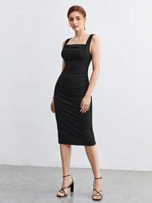 BizChic Vestido unicolor fruncido lateral - Negro - Ver 5